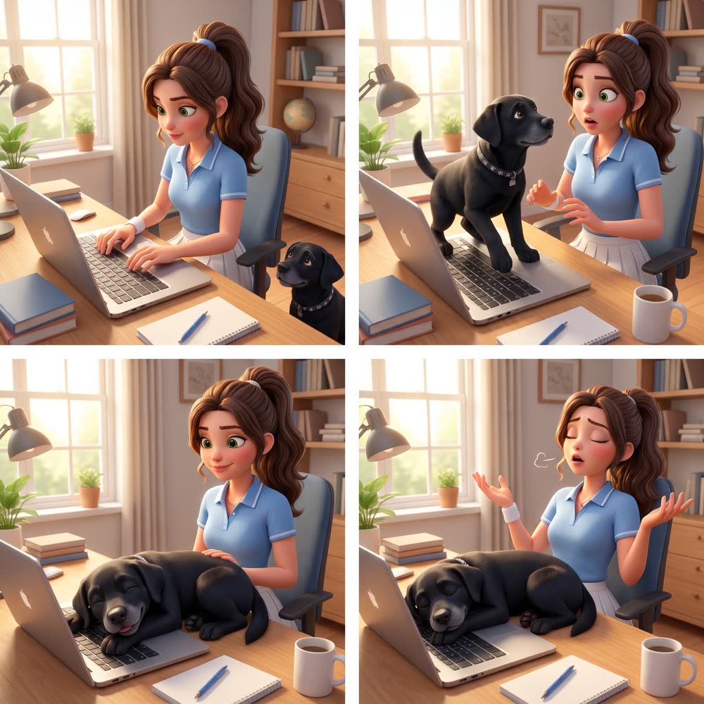 Vier Comic-Bilder: Eine Frau arbeitet am Laptop, der Hund springt auf den Schreibtisch und legt sich auf die Tastatur.