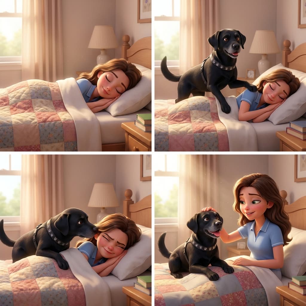 Vier Comic-Bilder: Eine Frau schläft, ein schwarzer Labrador stupst sie an, weckt sie und wird von ihr gestreichelt.
