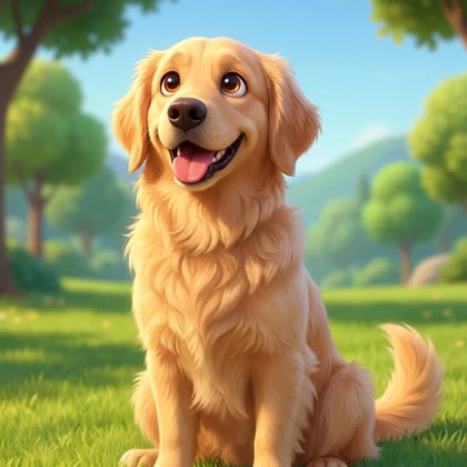Comic-Portrait eines Golden Retrievers auf einer Wiese.