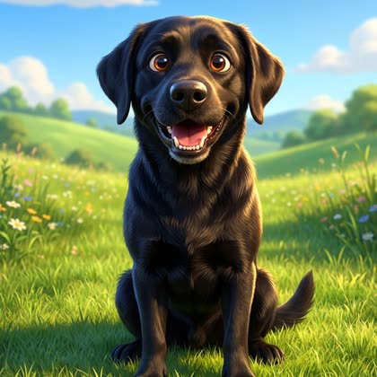 Comic-Portrait eines schwarzen Labradors auf einer Wiese.