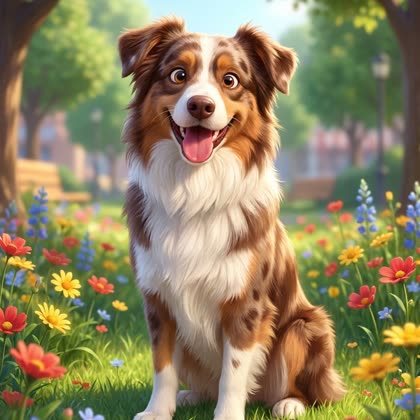 Comic-Portrait eines Australian Shepherd in einem Blumenbeet.