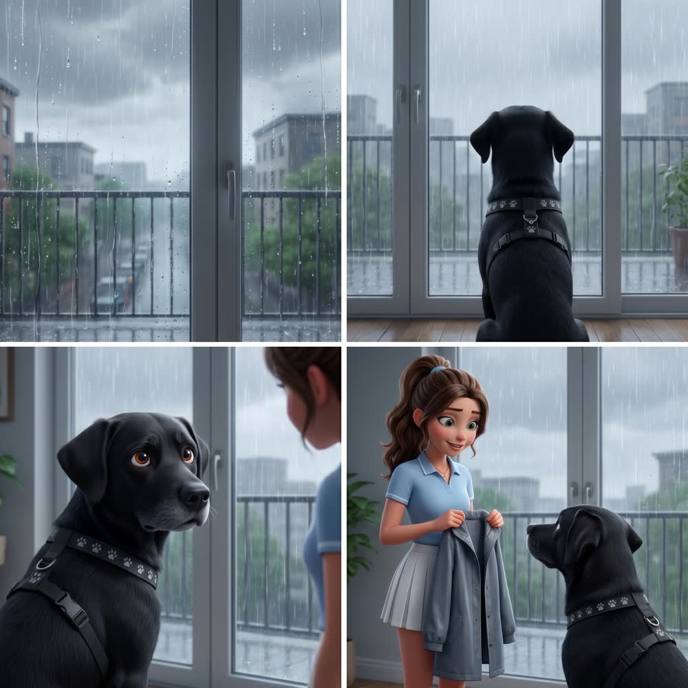 Vier Comic-Bilder: Regen am Fenster, der Hund sitzt davor und wartet, am Ende kommt die Regenjacke.
