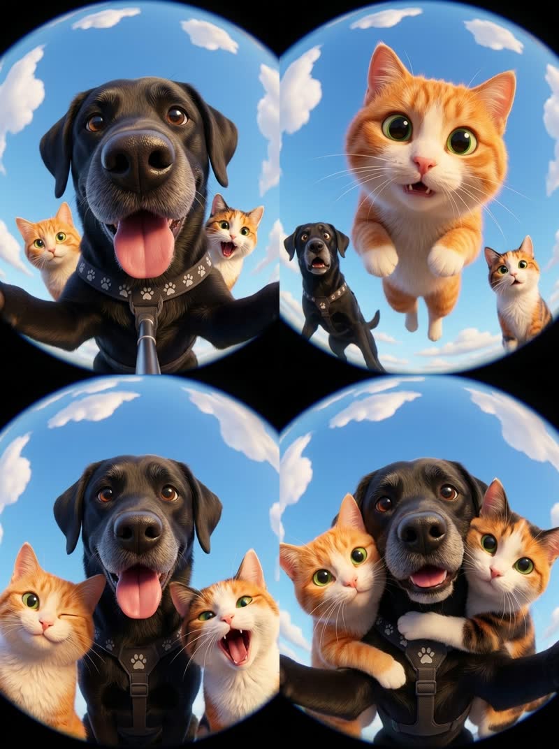 Vier Comic-Bilder im Selfie-Stil: Ein schwarzer Labrador und zwei Katzen posieren vor blauem Himmel.