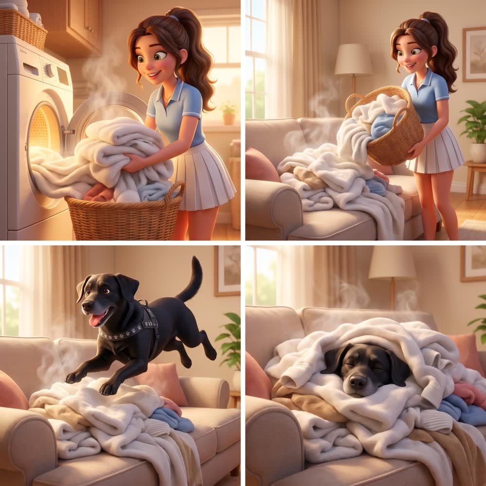 Vier Comic-Bilder: Eine Frau faltet Wäsche, der Hund springt in den frisch gefalteten Stapel und liegt zufrieden darin.