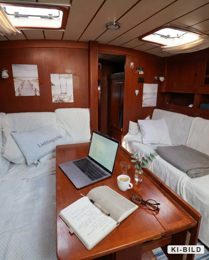 Laptop, Kaffee und Notizbuch — Arbeitsplatz auf der Segelyacht (Bild mit KI erstellt)